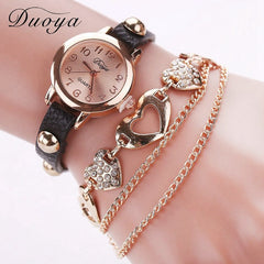 Duoya Brand Fashion Watches Women Luxury Rose Gold Heart Leather Wristwatches Ladies Bracelet Chain Quartz Clock Christmas Gift