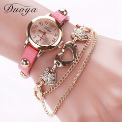 Duoya Brand Fashion Watches Women Luxury Rose Gold Heart Leather Wristwatches Ladies Bracelet Chain Quartz Clock Christmas Gift