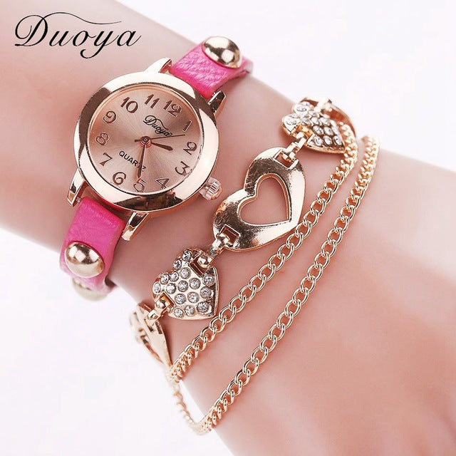 Duoya Brand Fashion Watches Women Luxury Rose Gold Heart Leather Wristwatches Ladies Bracelet Chain Quartz Clock Christmas Gift